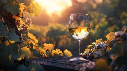 A glass of white wine in the vineyard at sunset