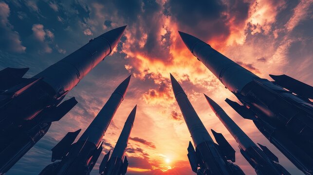 A group of nuclear missiles against a sunset sky background, shot from a low angle