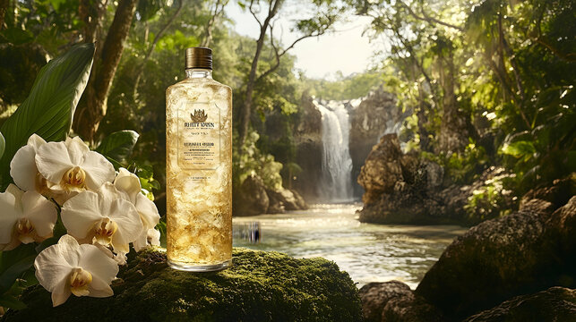 Golden elixir by a tropical waterfall, showcasing a luxurious spirit.