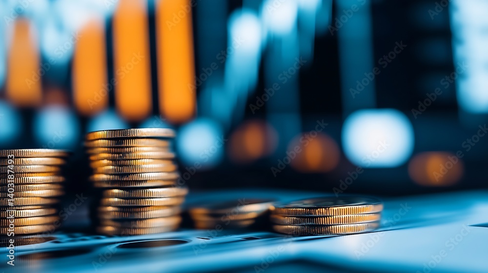 Aufkleber an artistic depiction of coins in focus with a trading chart and market analysis in the background :