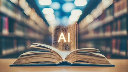A book with the text "AI" on an open, blank book in a library. The background is blurred with a bokeh effect