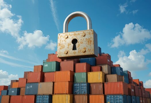 Monta&ntilde;a de cajas de carga coronadas con un candado gigante, que simboliza las restricciones comerciales y la aplicaci&oacute;n de aranceles a nivel mundial