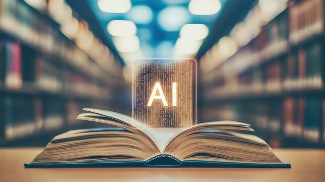 A book with the text "AI" on an open, blank book in a library. The background is blurred with a bokeh effect
