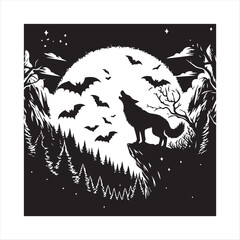 Howling Wolf Silhouette with Full Moon and Bats – Spooky Night Forest Vector