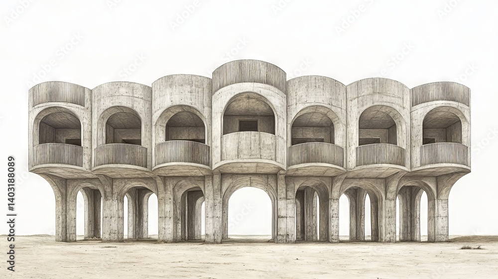 Aufkleber a unique illustration of modern architectural structures with balconies, featuring a distinct geomet