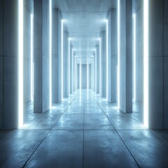 Naklejka premium A sparsely decorated room featuring soft illumination and elevated concrete walls, evoking a tranquil and meditative mood