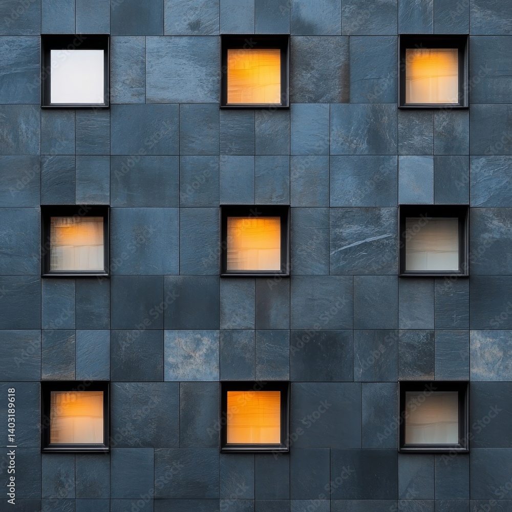 Poster a modern structure's exterior displays a symmetrical pattern of windows, with certain ones glowing, 