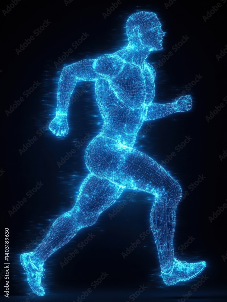 Poster dynamic runner silhouette showcasing muscular structure in glowing digital wireframe mesh frozen in 