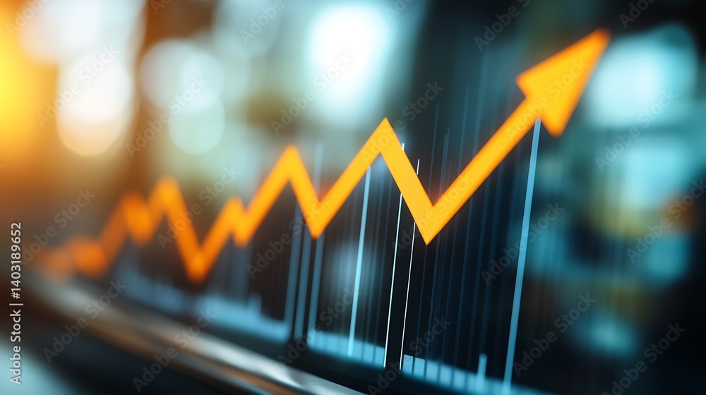 Poster Illustrative stock market growth graph presenting a sharp upward trajectory in vibrant orange color : Generative AI