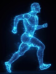 Fototapeta premium Dynamic runner silhouette showcasing muscular structure in glowing digital wireframe mesh frozen in motion