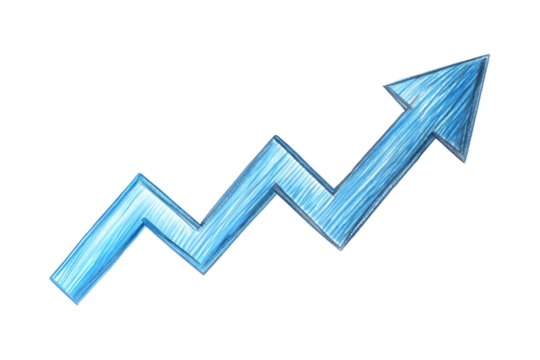 Hand drawn blue upward arrow graph isolated on transparent background. Png - Powered by Adobe