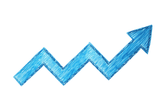 Hand drawn blue upward arrow graph isolated on transparent background. Png