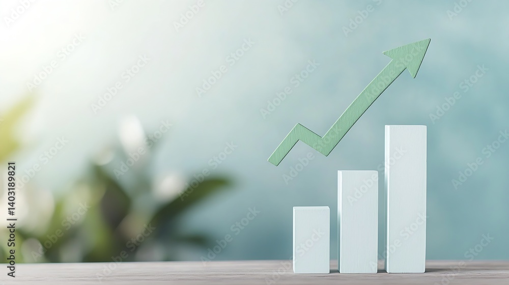 Fototapete minimalistic white bar graph illustrating upward trend with green arrow in blurred background : gene