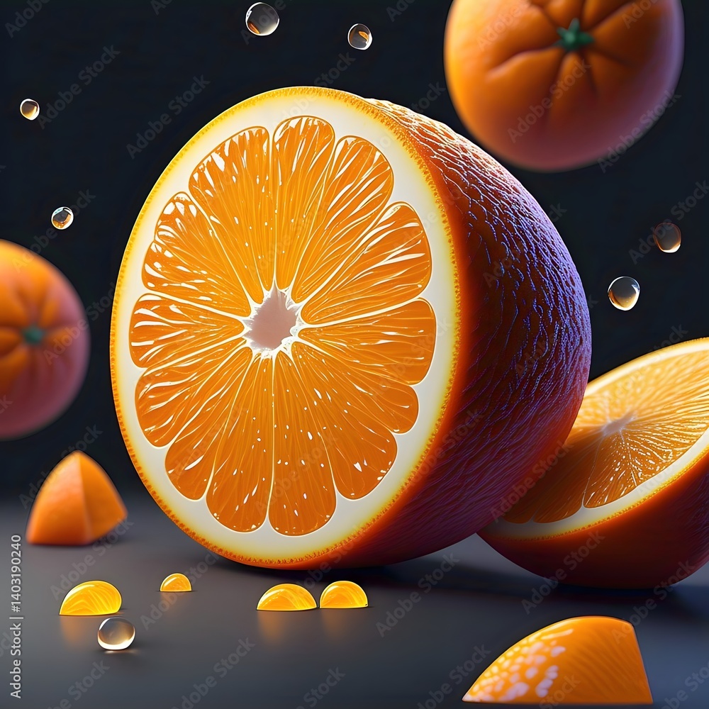 Poster a vibrant image showcases a halved orange with visible segments accompanied by whole oranges and ora