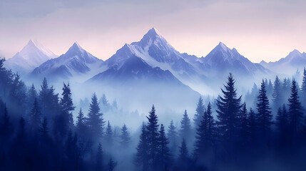 Obraz premium Misty mountain range covered in snow and evergreen forests.