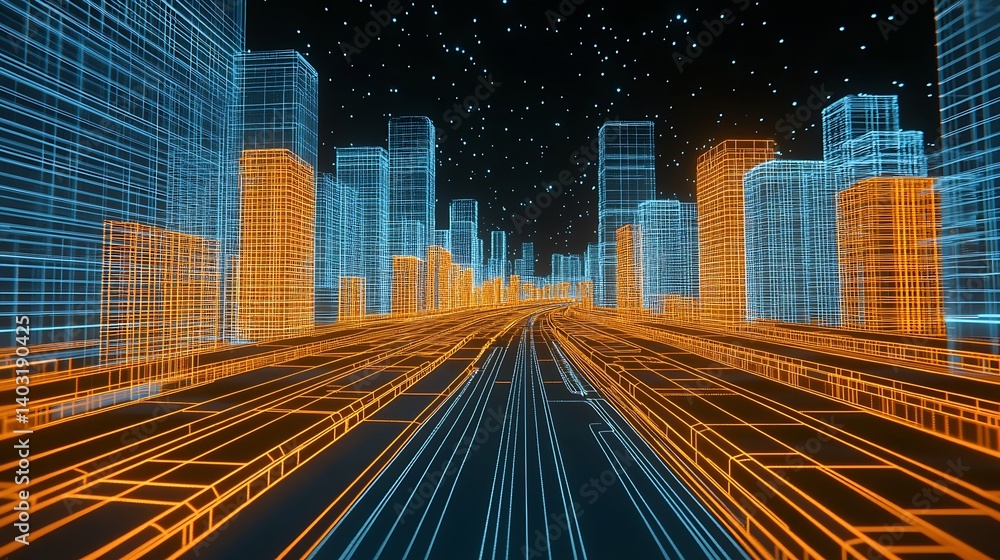 Poster stunning urban scene with neon lights illustrating a data-driven city in a night sky : generative ai