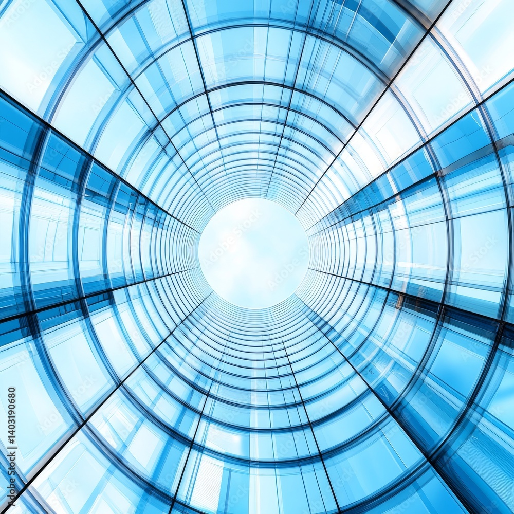 Poster a futuristic, abstract portrayal of a skyscraper, utilizing a blue color scheme and showcasing intri
