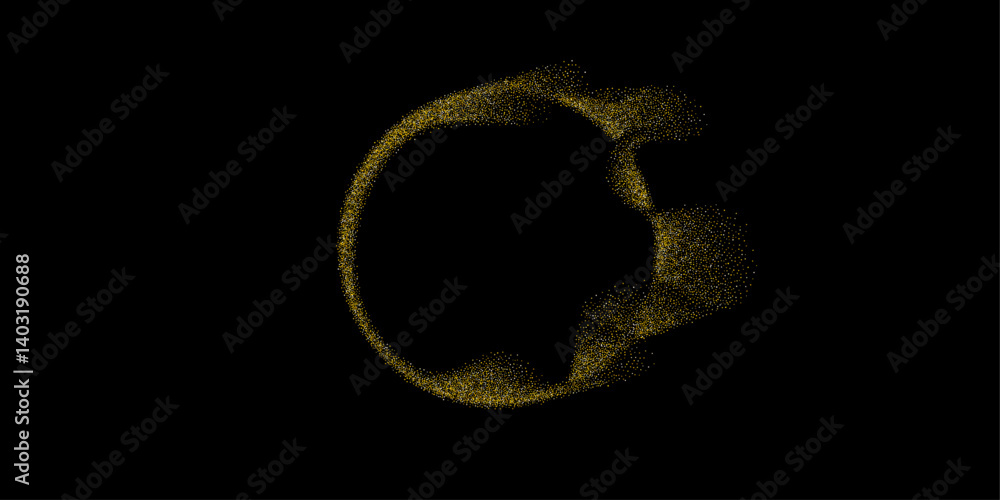 Leinwandbilder Abstract vector dot particles pattern flowing in a gold circular frame isolated on black background with copy space.	
