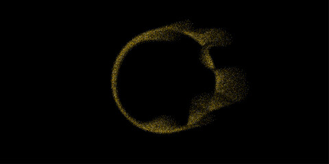 Abstract vector dot particles pattern flowing in a gold circular frame isolated on black background with copy space.	
