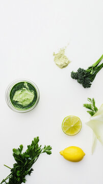 Healthy Green Ingredients and Herbs with Lemon on White Background