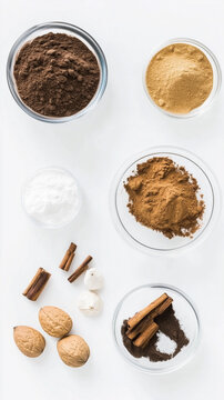 Flat Lay of Assorted Baking Spices and Ingredients on White Background