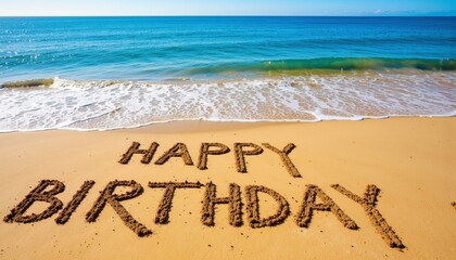 Fototapeta premium Happy Birthday Greeting Written in Sand by Ocean Waves 