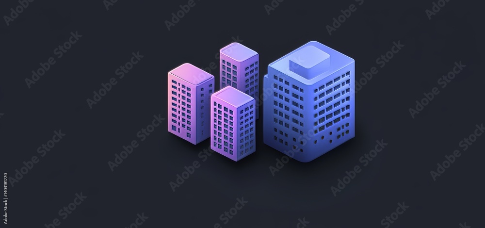 Poster a dynamic 3d depiction of brightly colored skyscrapers emerging from a dark base, displaying modern 