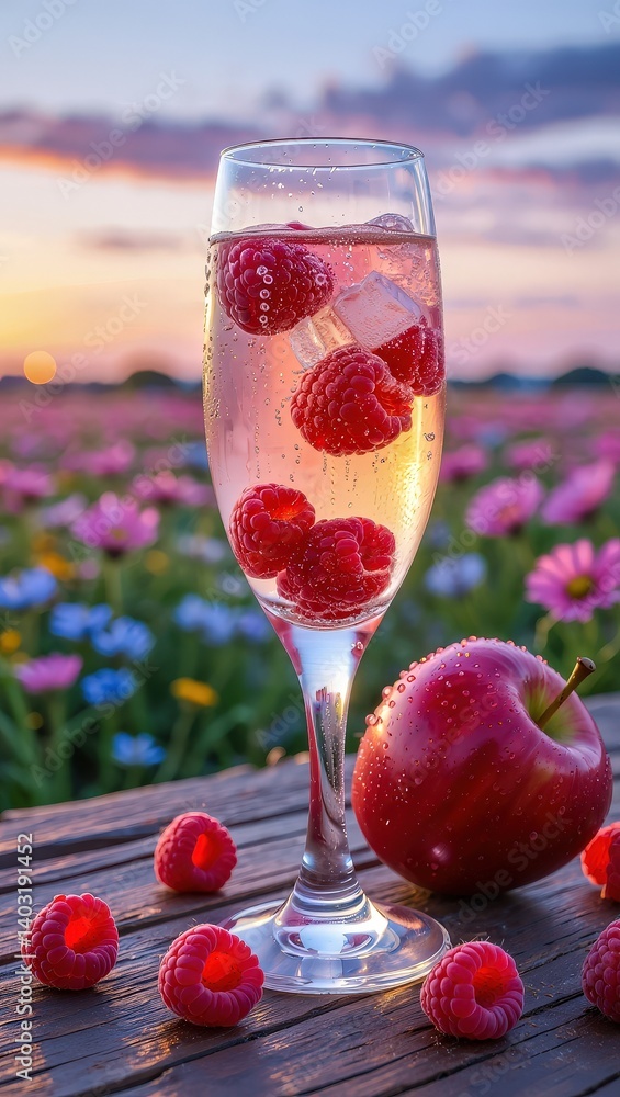Poster a glass of sparkling wine with raspberries on the rim, set against a backdrop of a field blooming wi