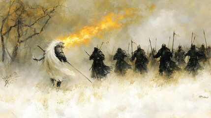A figure in white, spewing fire, leading a charge of dark warriors across a snowy battlefield.