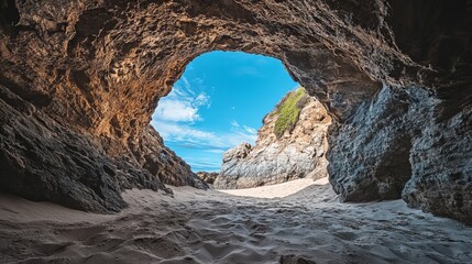 Explore scenic beach cave opening with sand and blue sky travel destination photography and nature landscape