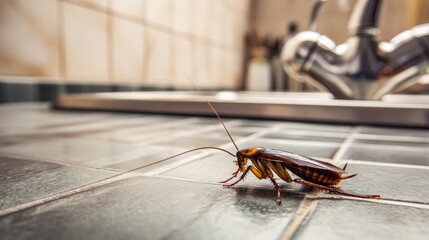Cockroach Crawling on Clean Kitchen Floor Near Sink in Bright Indoor Environment