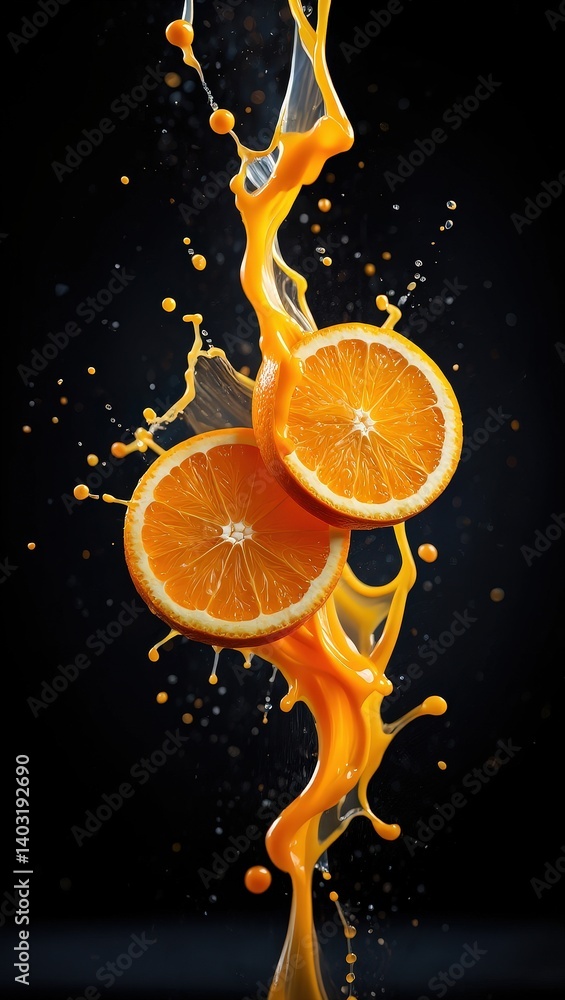 Poster two oranges in the center surrounded by orange juice splashing from them.