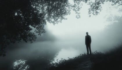 Misty morning contemplation by a tranquil river.