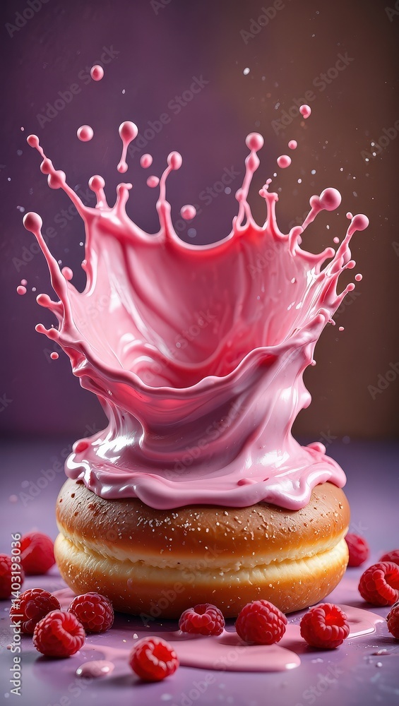 Poster A donut with raspberries on top is being splashed by pink liquid, creating a burst of bubbles around it.