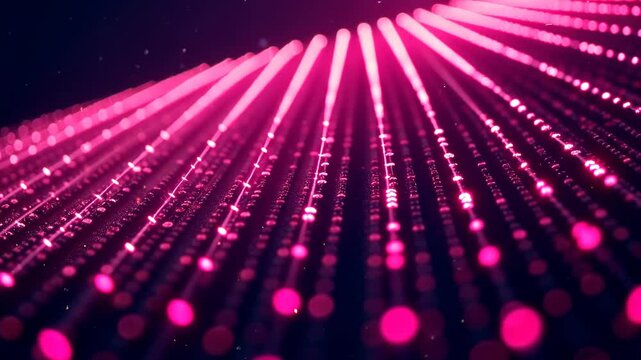 Glowing magenta light beams aligned in rows with depth perspective, digital graphic style, dark background, concept of data stream flow