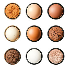 Assorted makeup powder foundation blush bronzer palette for beauty and cosmetic product photography on transparent background