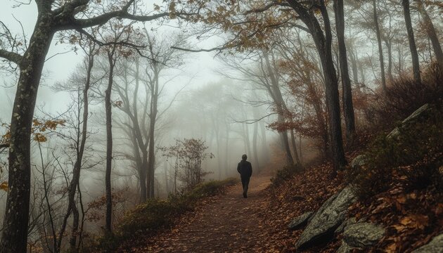 Misty autumnal path, a solitary figure walks. - Powered by Adobe