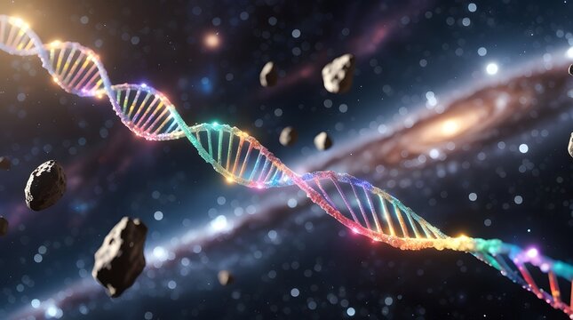 Abstract Space Background. Cosmic DNA Strand in Space – Glowing Multicolored Helix Among Galaxies & Nebulae – Sci-Fi Genetics Concept Art. 