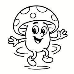 Fototapeta premium Happy cartoon mushroom character spinning joyfully, captured in a fun and playful black and white line drawing style.