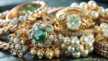 Obraz premium A stunning collection of ornate, golden rings adorned with pearls and colorful gemstones, showcasing luxury and intricate craftsmanship.