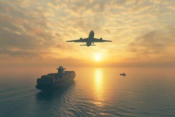 An airplane flying over the ocean at sunset or sunrise
