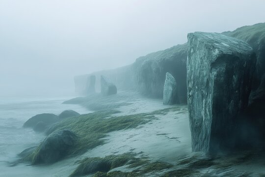 A misty coastal scene of towering rocks and a tranquil beach.