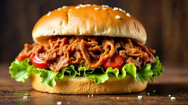 4k frame juicy burger stands on a wooden table.