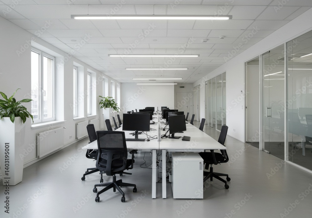 Poster a bright office space featuring rows of desks with computers and chairs in a minimalist design style
