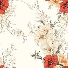 Fototapeta premium seamless flower pattern A beautiful floral pattern featuring vibrant red and soft cream flowers on a light background. soft pastel floral seamless background