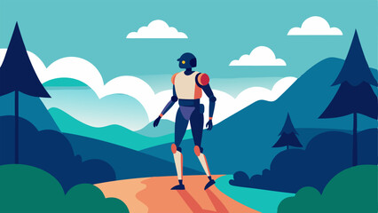 Obraz premium Outdoor Adventure A person exploring a scenic outdoor trail in a robotic exoskeleton emphasizing freedom of movement and enhanced exploration.