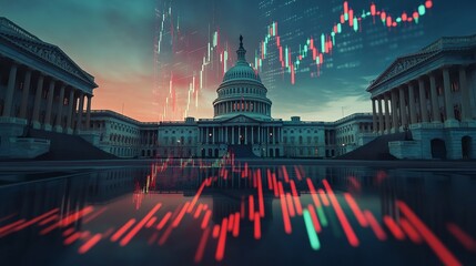 A digital overlay of stock market trends reflects on the steps of the U.S. Capitol at dusk, blending politics and finance.