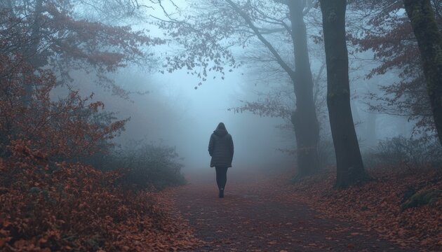 Foggy autumnal path, solitary figure wanders.