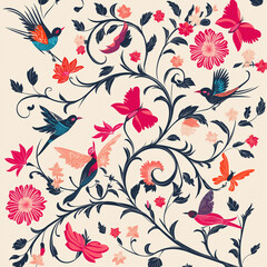 Thai pattern of swirling vines and flowers combined with birds and butterflies, stylized in a folk-art look