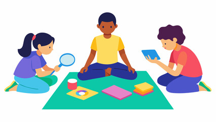 Group Activity on the Floor Students sitting on colorful mats engaged in a handson science experiment with one student using a magnifying glass and another using a communication